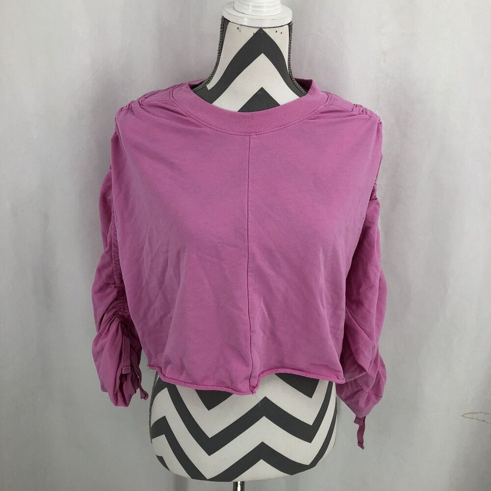 Open Edit Cropped Drawstring Ruched Long Sleeve Sweatshirt Pink Crayon Large
